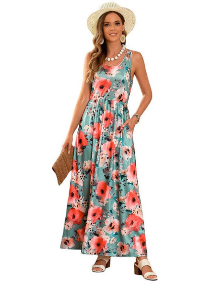 Floral Print Sleeveless U-neck Dress with High Waist