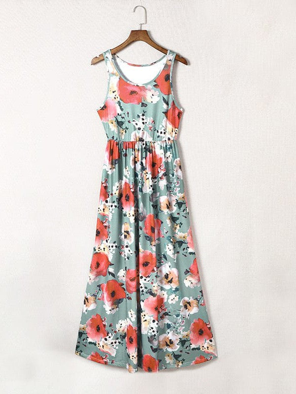 Floral Print Sleeveless U-neck Dress with High Waist