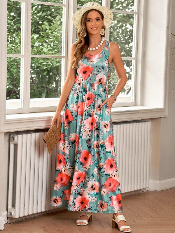 Floral Print Sleeveless U-neck Dress with High Waist