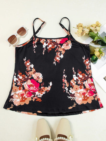 Floral Print Sleeveless V Neck Tank Top in Black