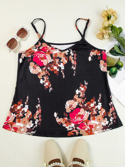 Floral Print Sleeveless V Neck Tank Top in Black