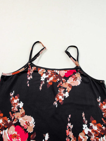 Floral Print Sleeveless V Neck Tank Top in Black