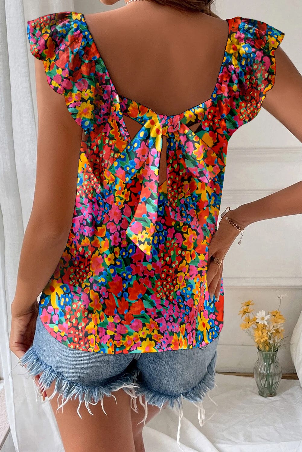 Floral Print Square Neck Blouse with Cap Sleeves and Back Knot Detail