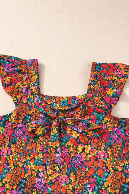 Floral Print Square Neck Blouse with Cap Sleeves and Back Knot Detail