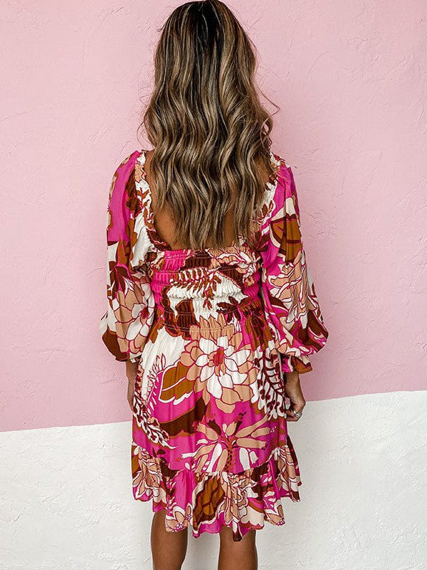 Floral Print Square Neck Long Sleeve Dress with A-line Waist for Women