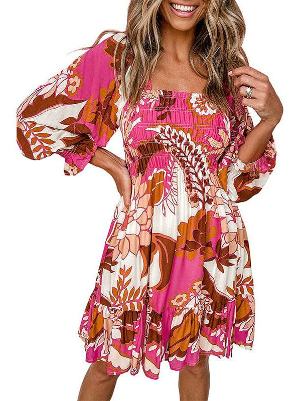 Floral Print Square Neck Long Sleeve Dress with A-line Waist for Women