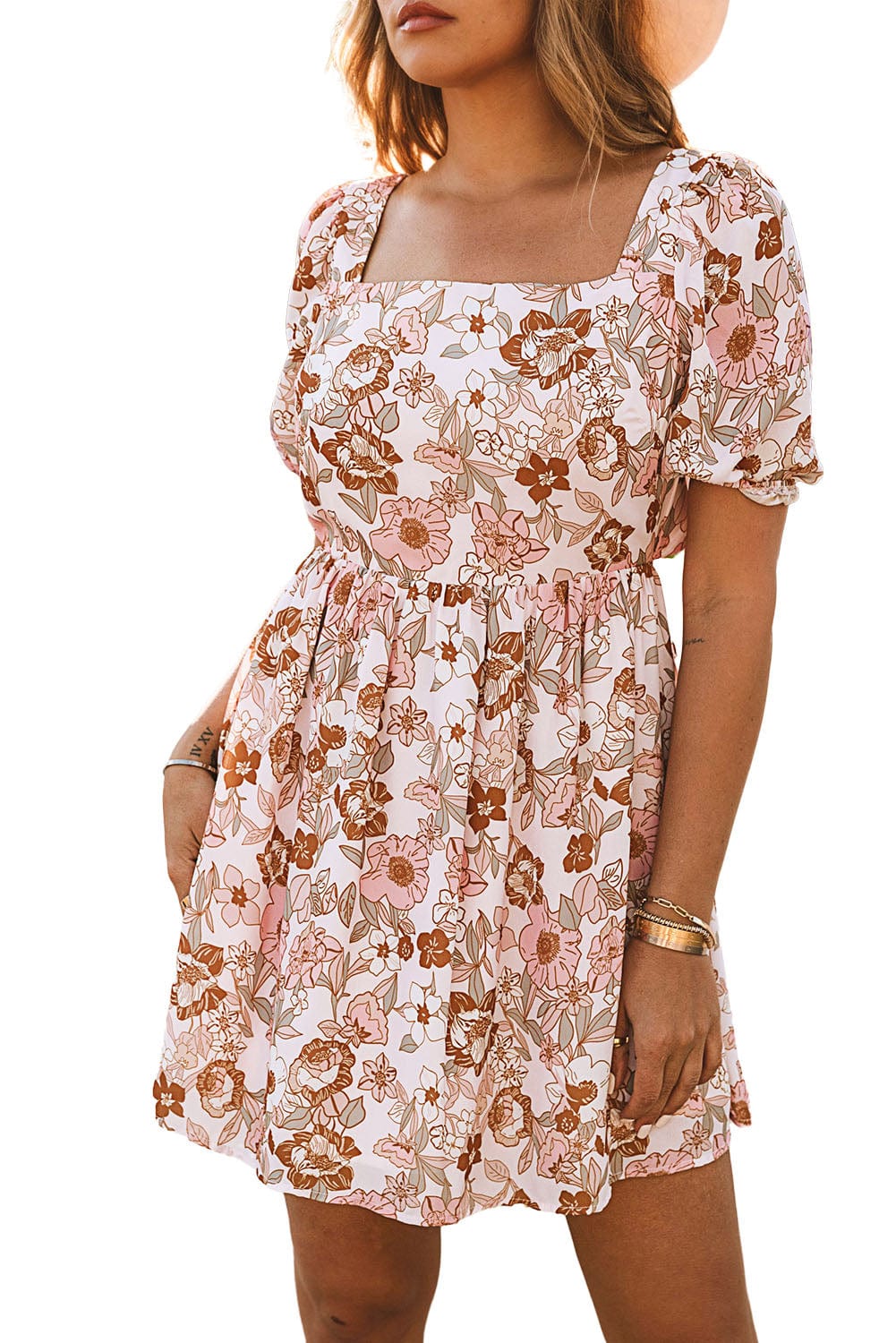 Floral Print Square Neck Mini Dress with Bow Back Detail