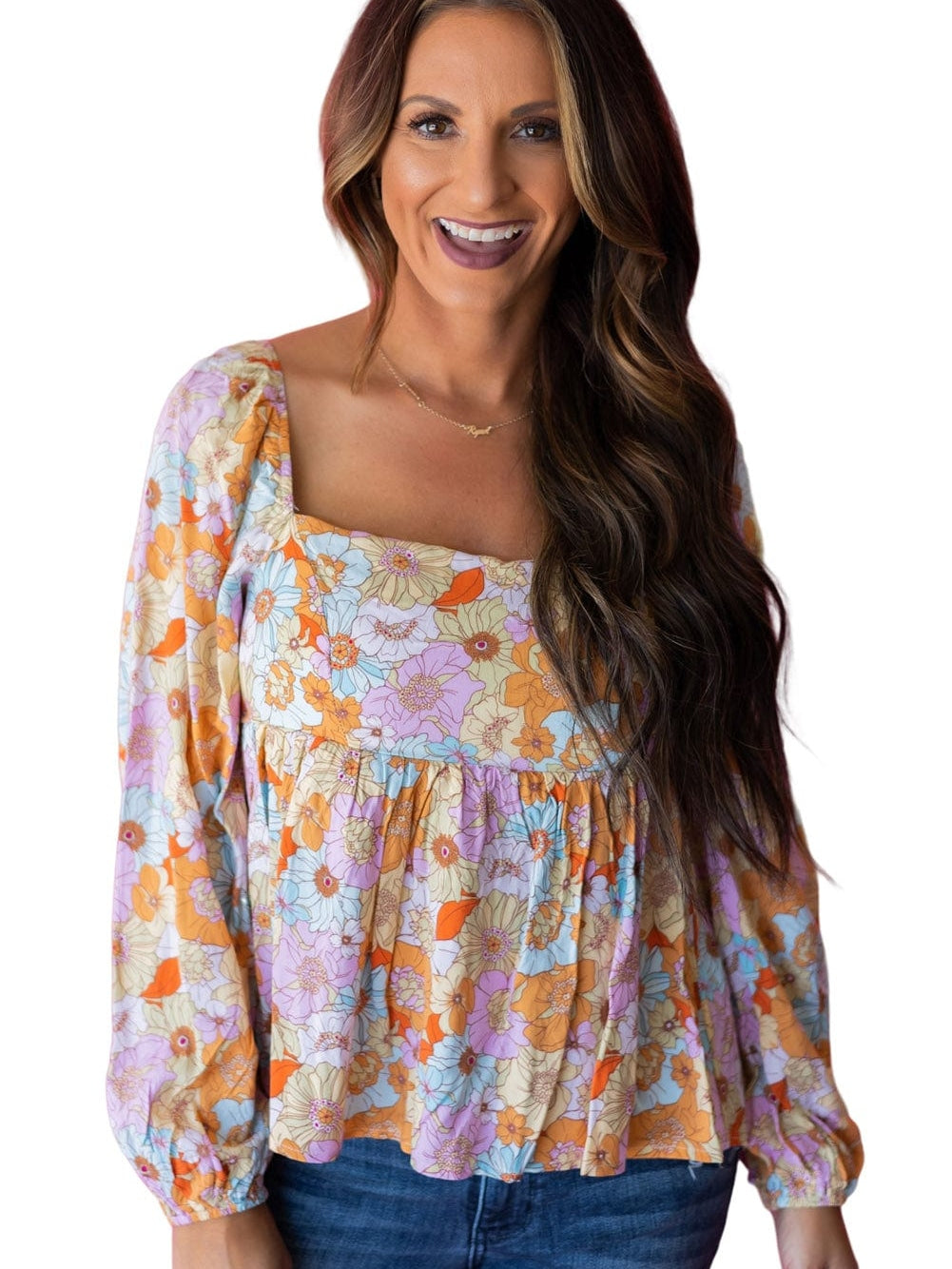 Floral Print Square Neck Puff Sleeve Babydoll Top