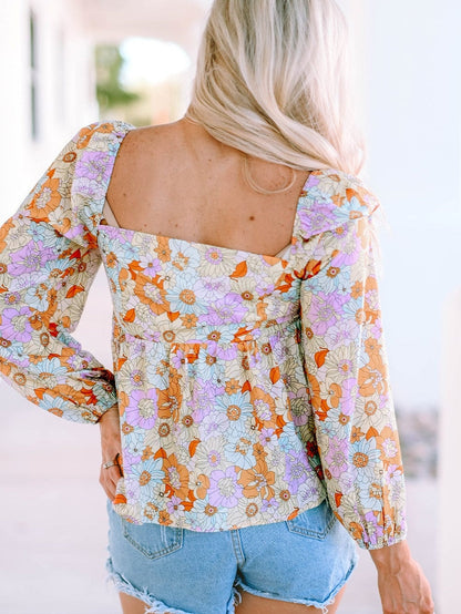 Floral Print Square Neck Puff Sleeve Babydoll Top