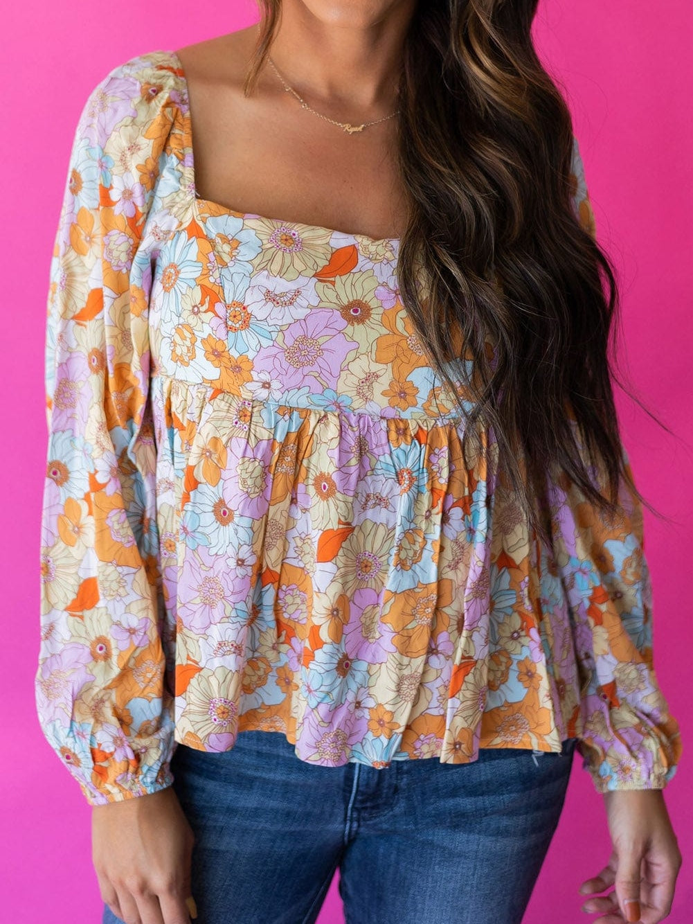 Floral Print Square Neck Puff Sleeve Babydoll Top