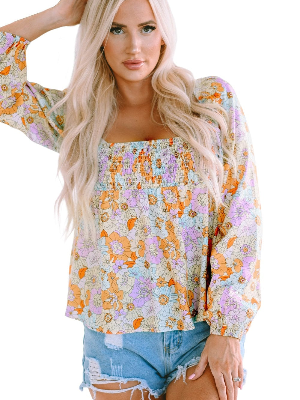 Floral Print Square Neck Puff Sleeve Babydoll Top