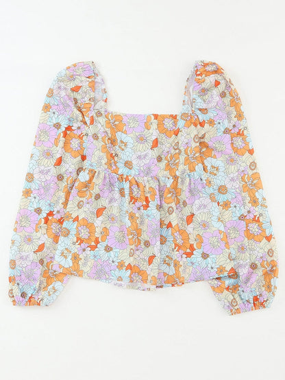 Floral Print Square Neck Puff Sleeve Babydoll Top