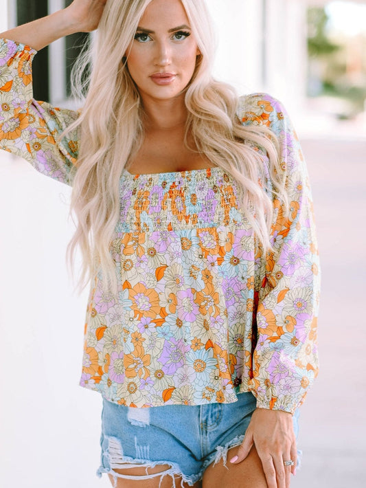Floral Print Square Neck Puff Sleeve Babydoll Top