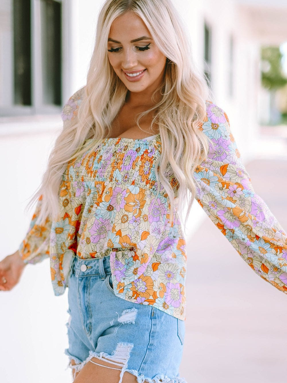Floral Print Square Neck Puff Sleeve Babydoll Top