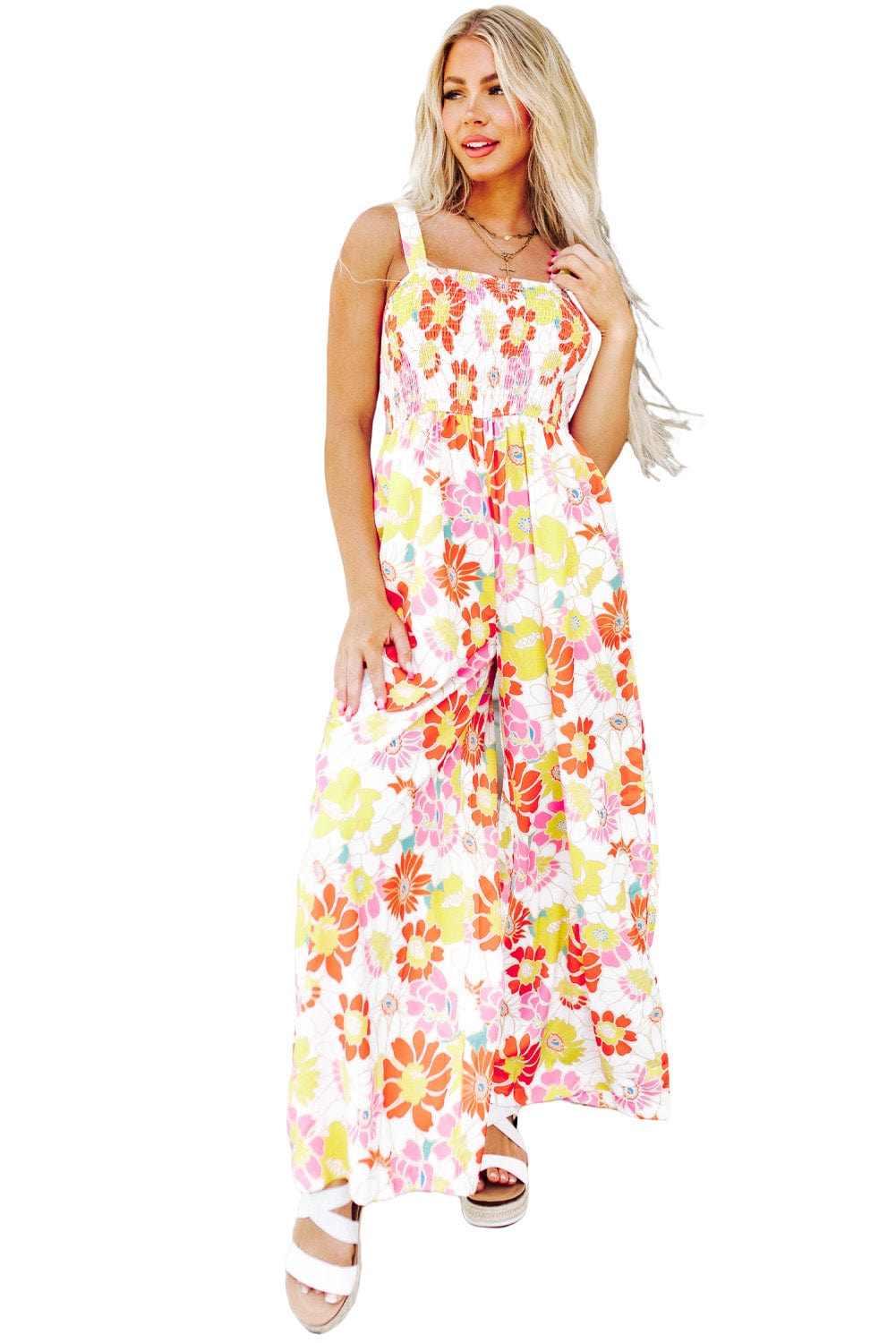 Floral Print Square Neck Wide Leg Jumpsuit for Boho Vibes
