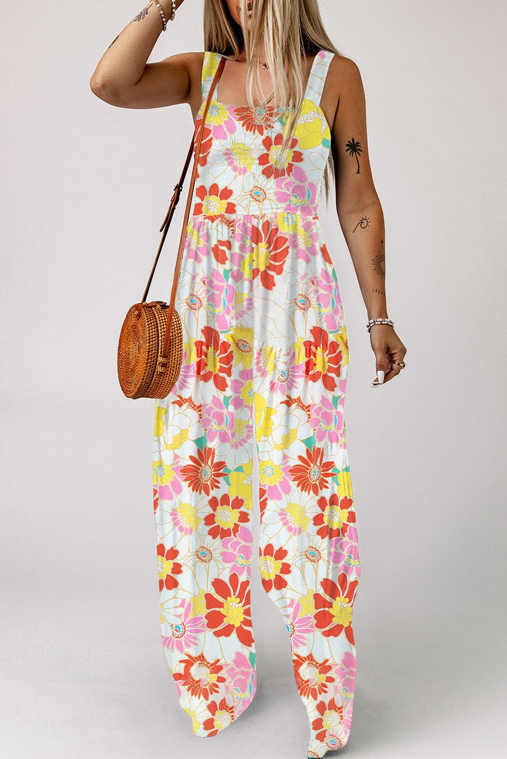 Floral Print Square Neck Wide Leg Jumpsuit for Boho Vibes