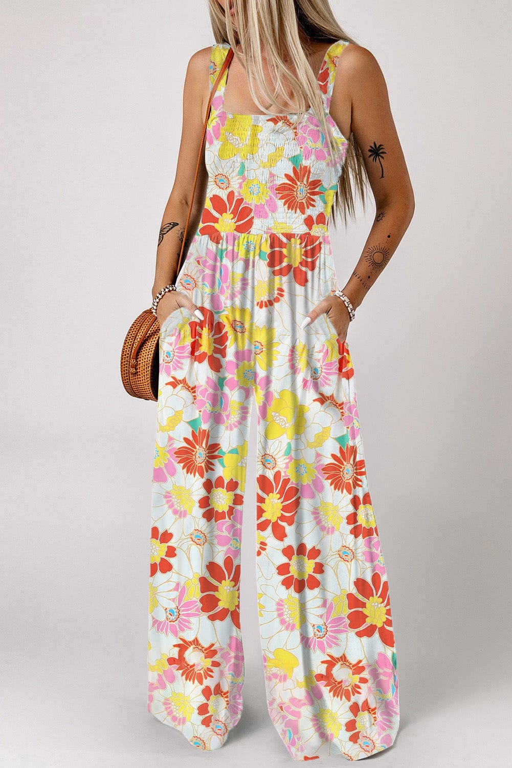 Floral Print Square Neck Wide Leg Jumpsuit for Boho Vibes