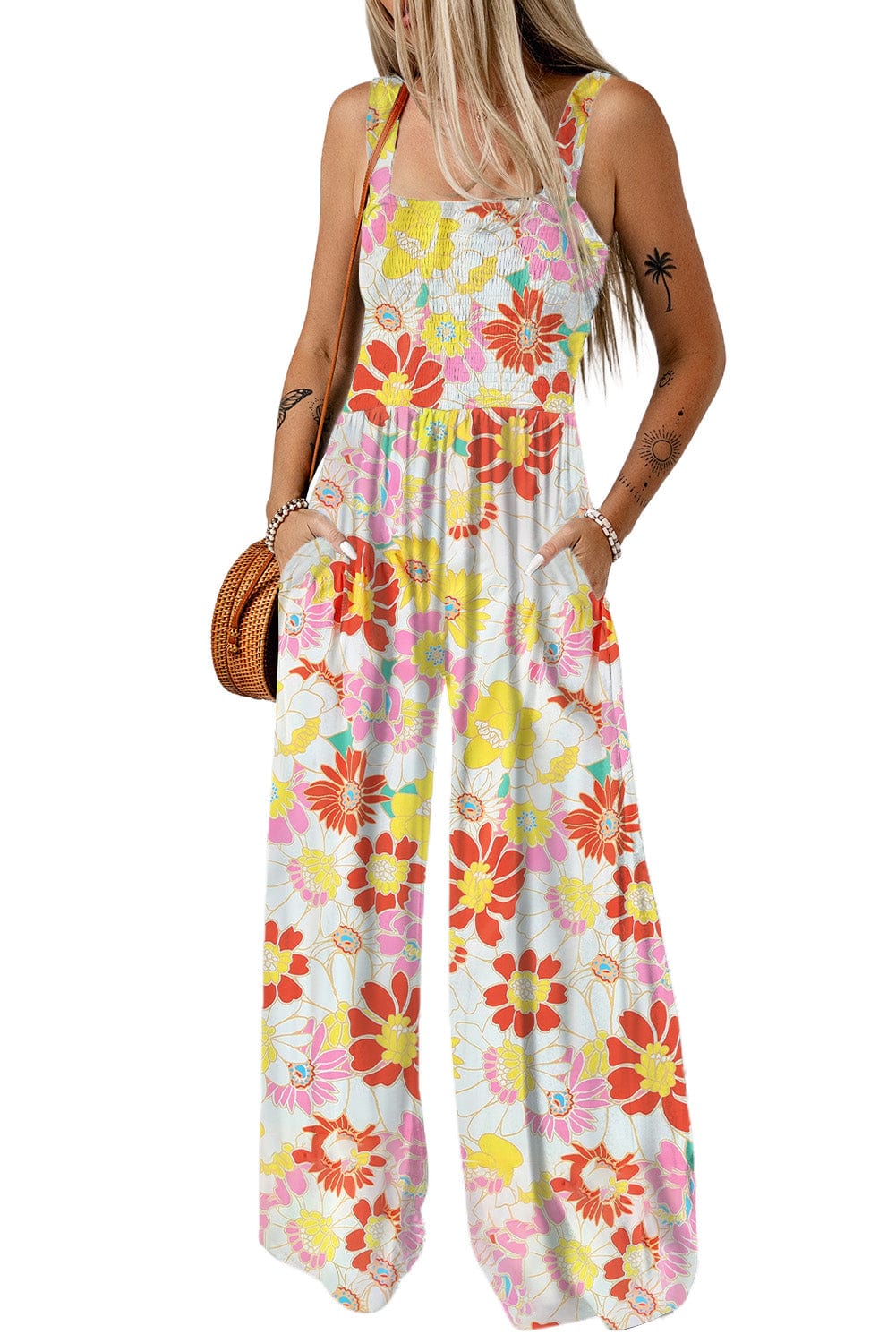 Floral Print Square Neck Wide Leg Jumpsuit for Boho Vibes