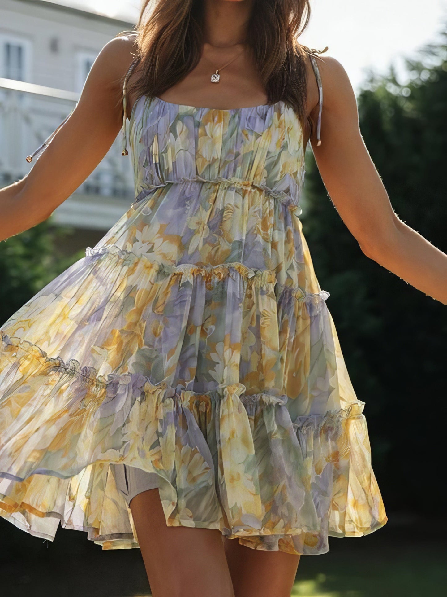 Floral Print Suspender Chiffon Seaside Beach Dress