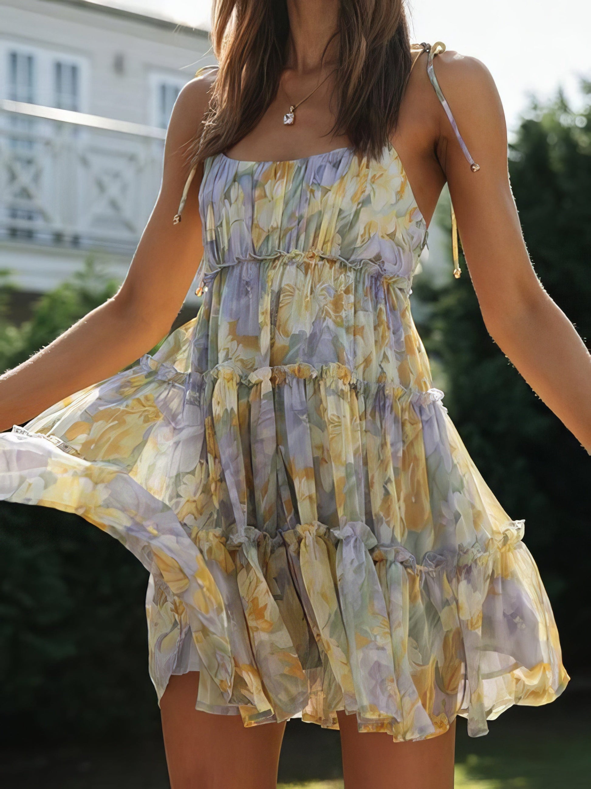Floral Print Suspender Chiffon Seaside Beach Dress