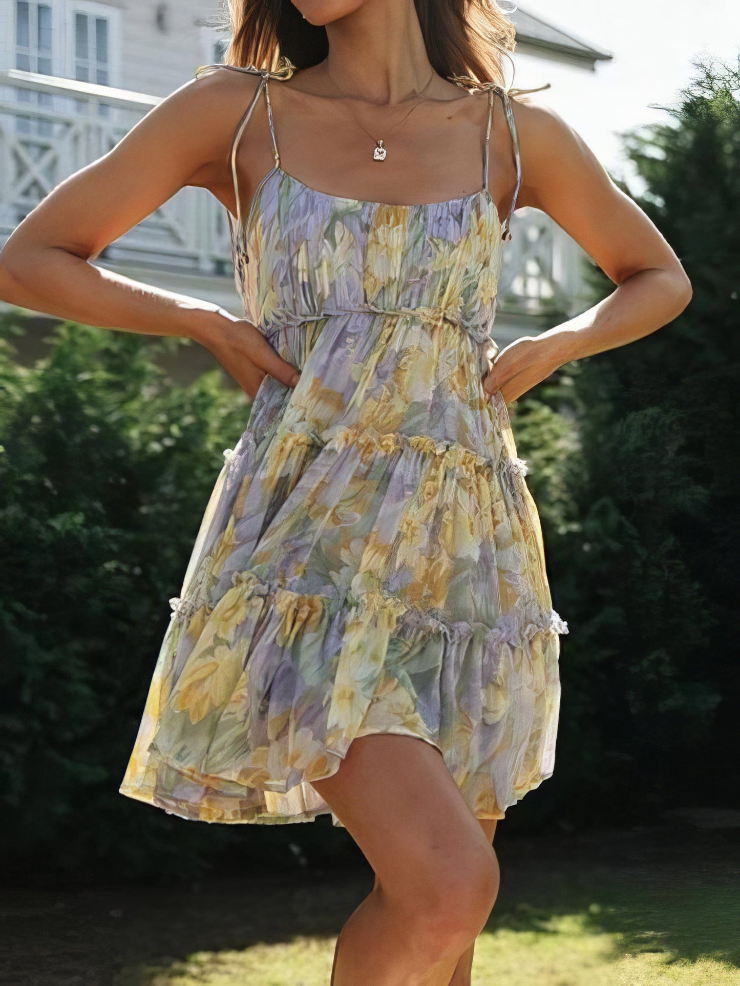 Floral Print Suspender Chiffon Seaside Beach Dress