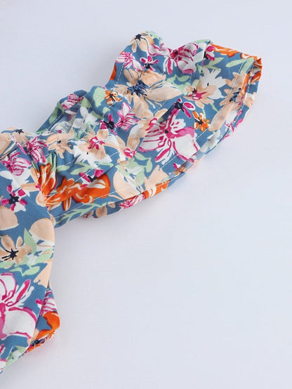 Floral Print Sweetheart Peplum Tank Top with Ruffle Straps