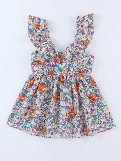 Floral Print Sweetheart Peplum Tank Top with Ruffle Straps