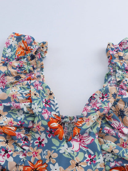 Floral Print Sweetheart Peplum Tank Top with Ruffle Straps