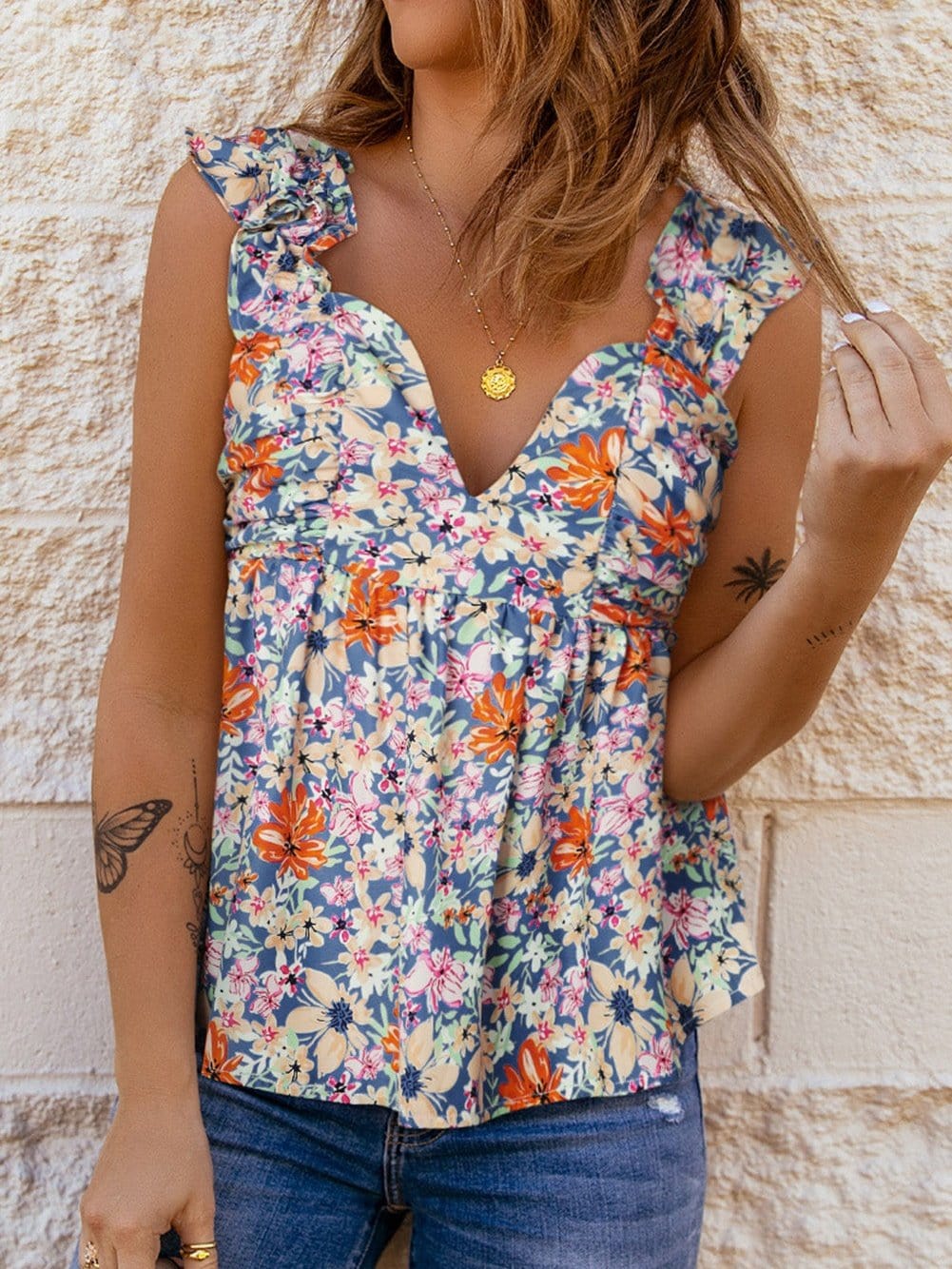 Floral Print Sweetheart Peplum Tank Top with Ruffle Straps