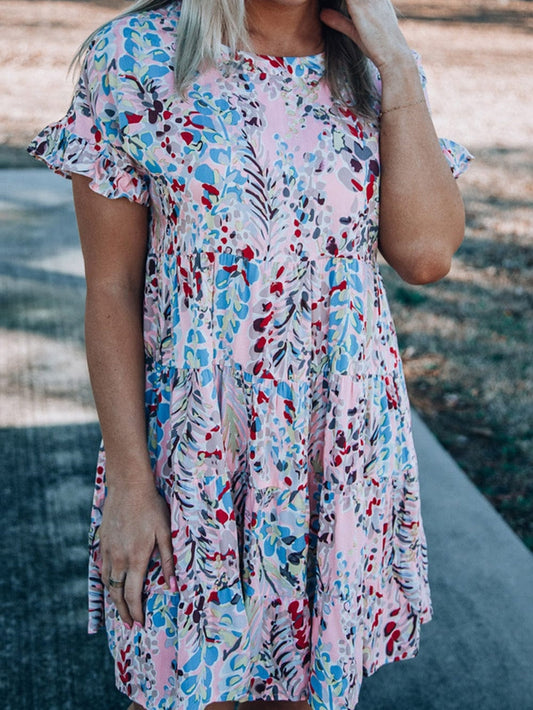 Floral Print Tiered Ruffled Dress in Pink with Short Sleeves