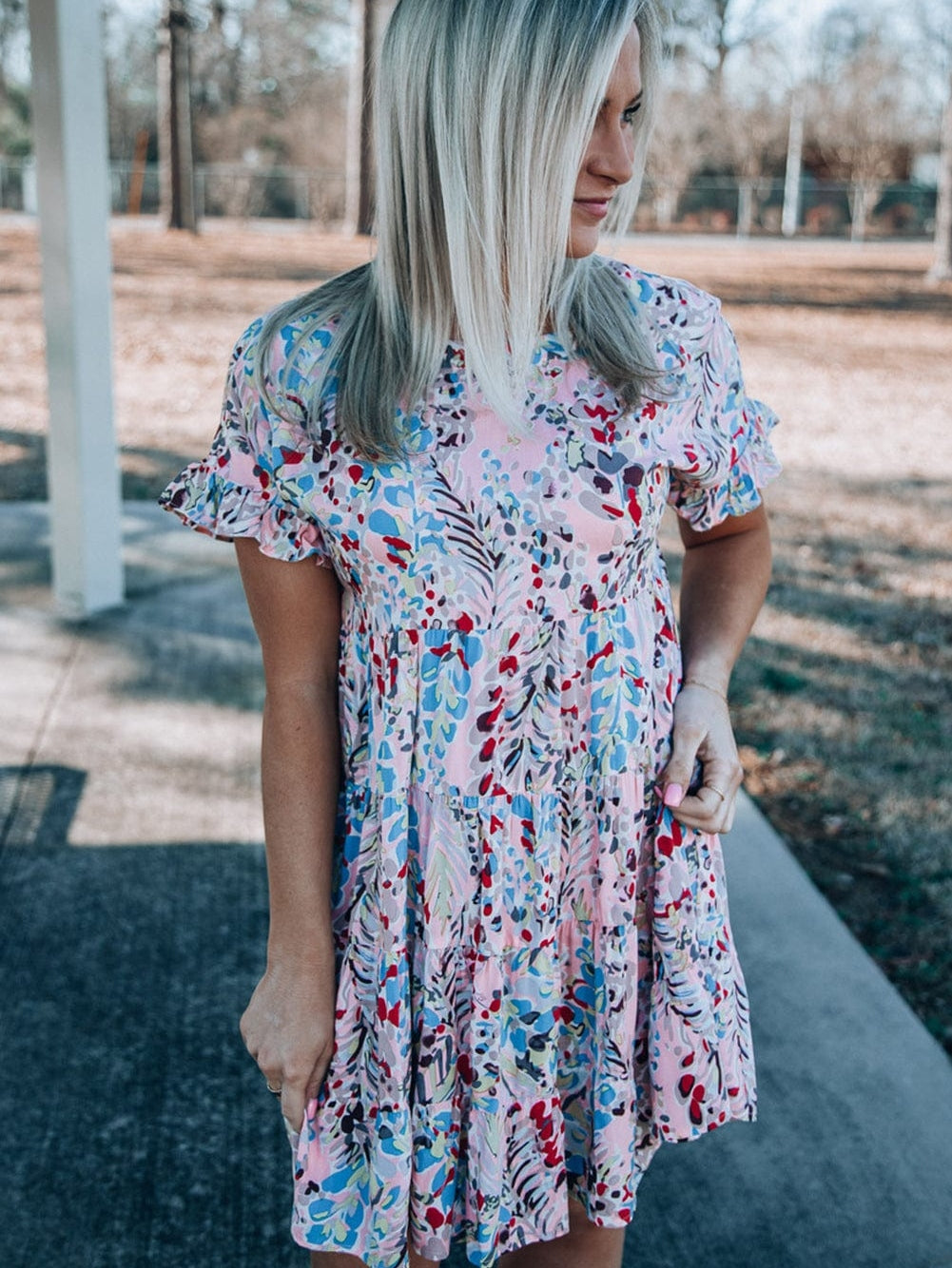 Floral Print Tiered Ruffled Dress in Pink with Short Sleeves