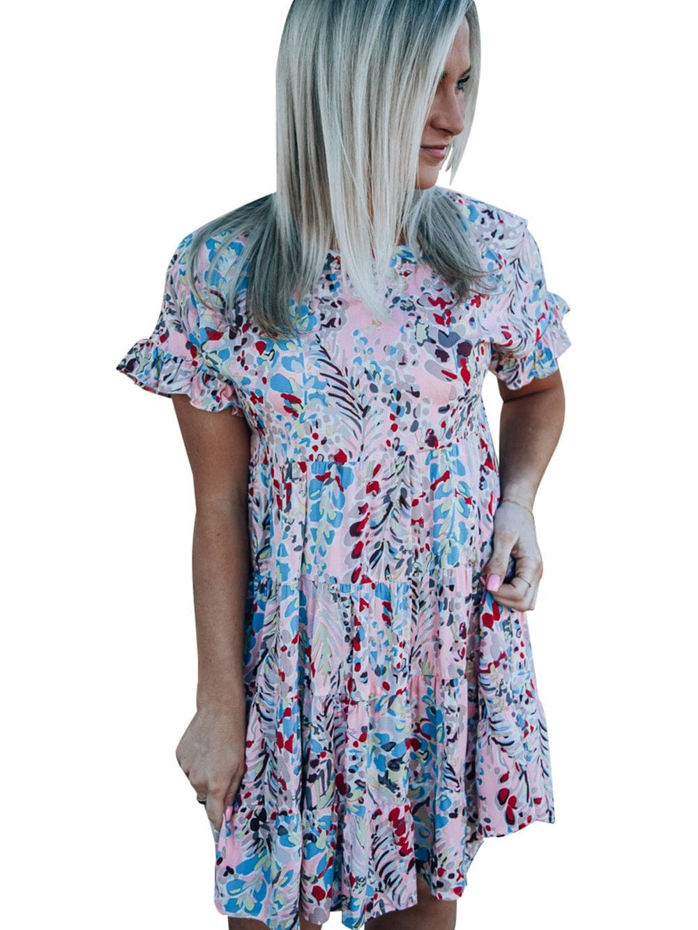 Floral Print Tiered Ruffled Dress in Pink with Short Sleeves