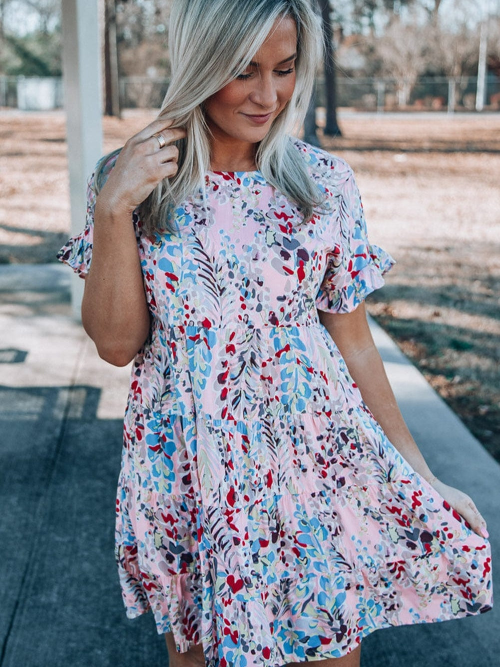 Floral Print Tiered Ruffled Dress in Pink with Short Sleeves