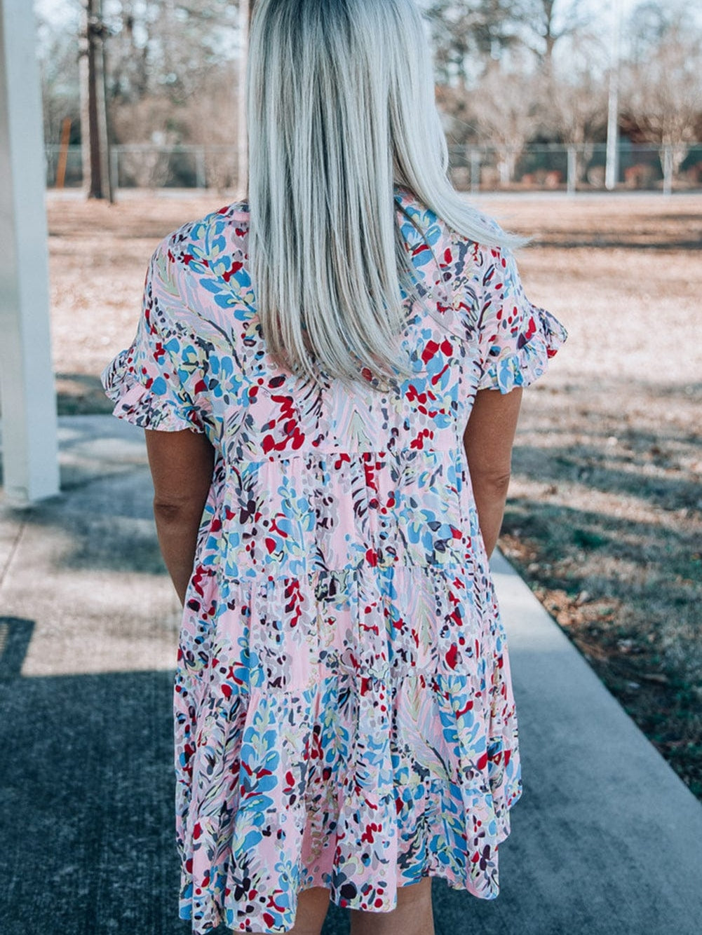 Floral Print Tiered Ruffled Dress in Pink with Short Sleeves