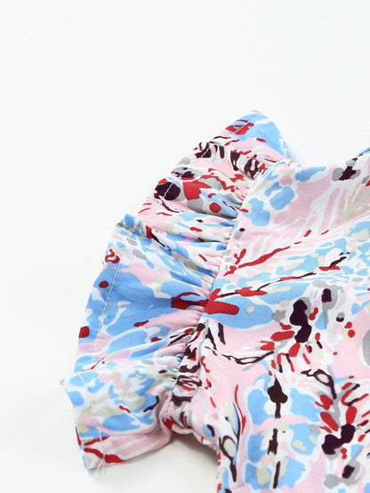 Floral Print Tiered Ruffled Dress in Pink with Short Sleeves