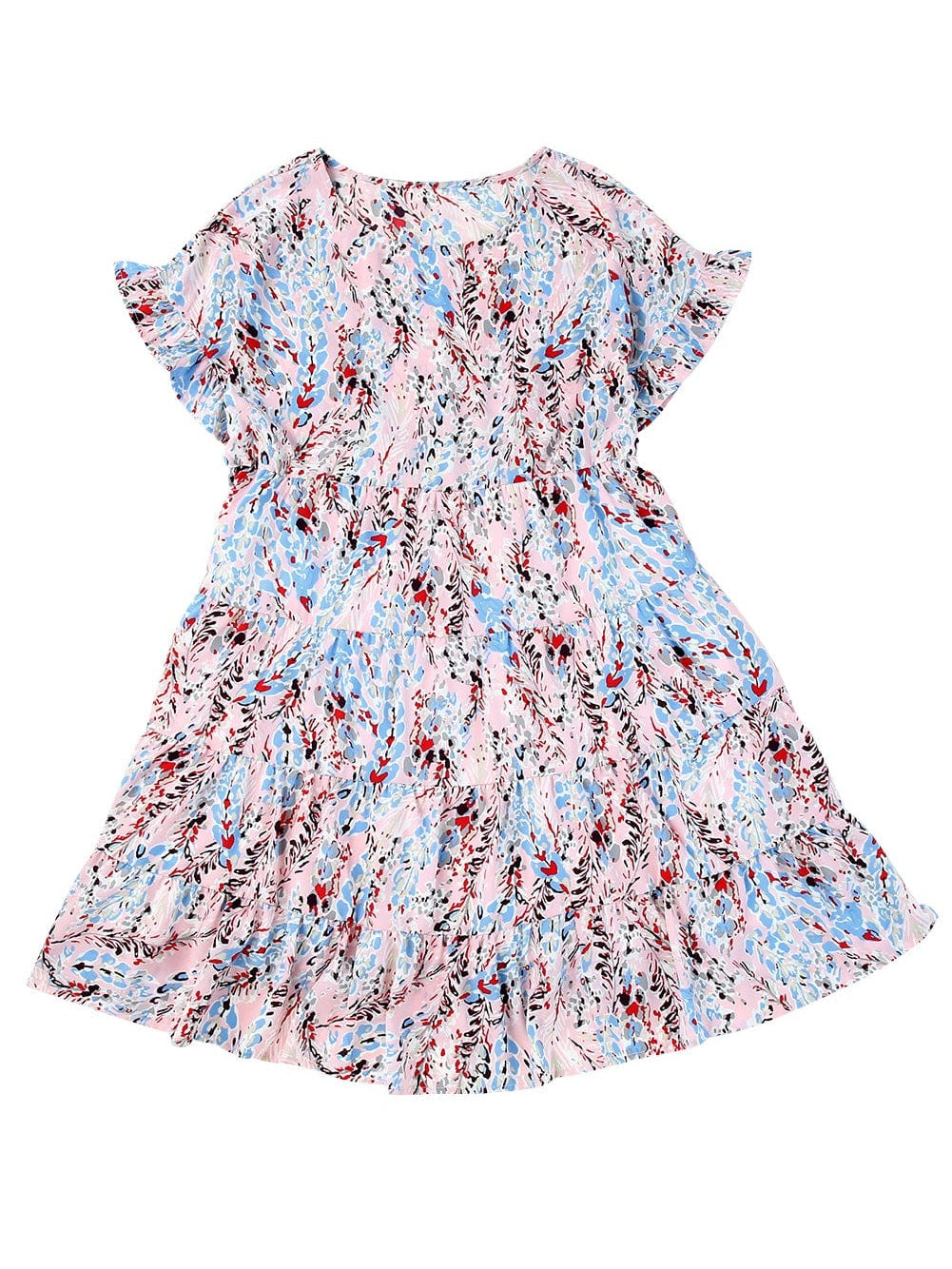 Floral Print Tiered Ruffled Dress in Pink with Short Sleeves