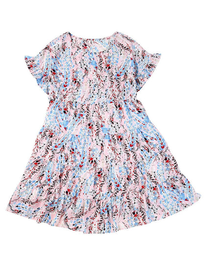 Floral Print Tiered Ruffled Dress in Pink with Short Sleeves