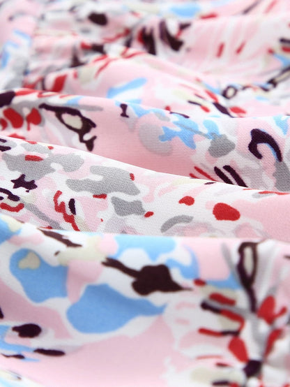 Floral Print Tiered Ruffled Dress in Pink with Short Sleeves