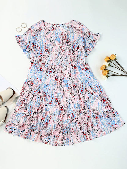 Floral Print Tiered Ruffled Dress in Pink with Short Sleeves