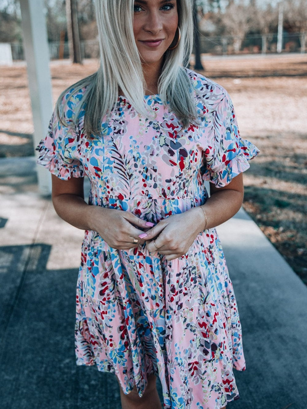 Floral Print Tiered Ruffled Dress in Pink with Short Sleeves
