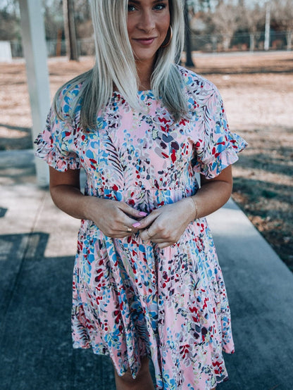 Floral Print Tiered Ruffled Dress in Pink with Short Sleeves