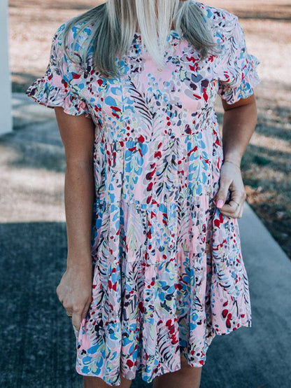 Floral Print Tiered Ruffled Dress in Pink with Short Sleeves