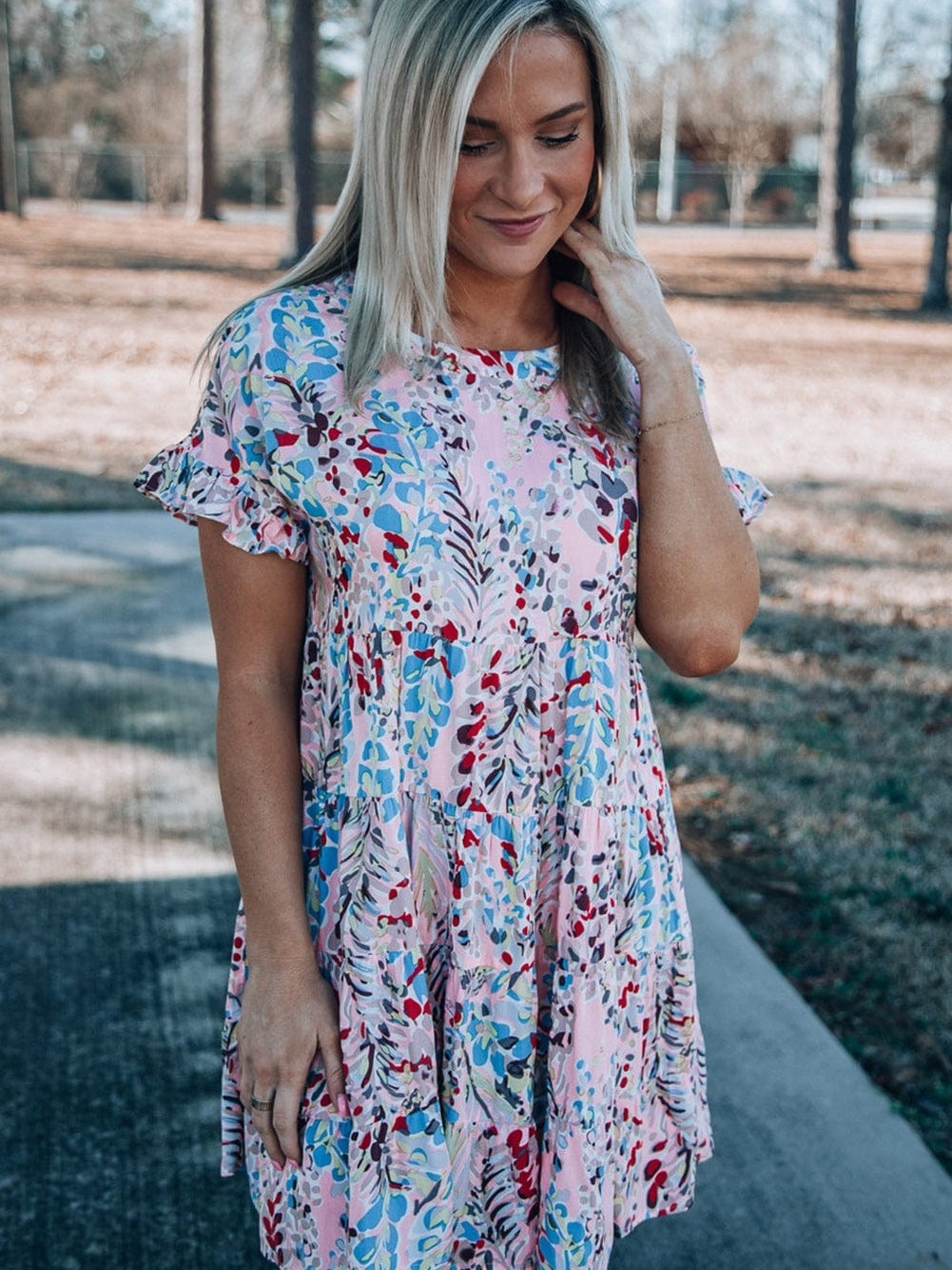 Floral Print Tiered Ruffled Dress in Pink with Short Sleeves