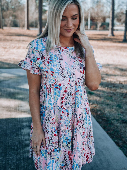 Floral Print Tiered Ruffled Dress in Pink with Short Sleeves