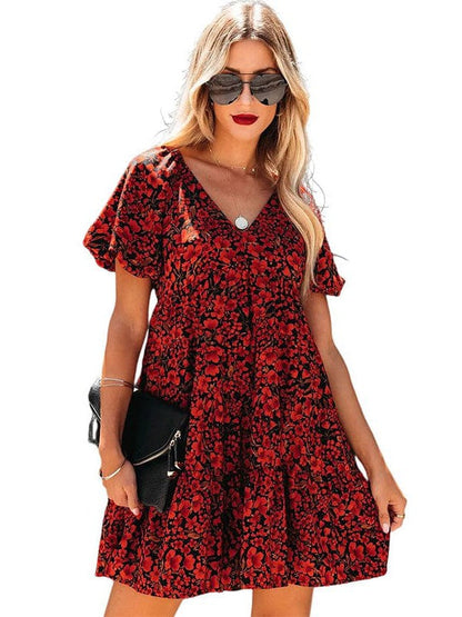 Floral Print V-Neck Dress with Puff Sleeves and High Waist - Bohemian Style