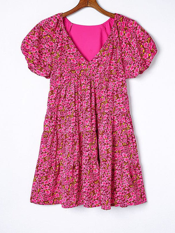 Floral Print V-Neck Dress with Puff Sleeves and High Waist - Bohemian Style