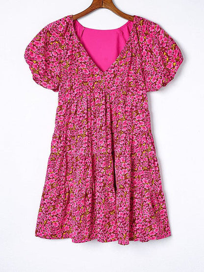 Floral Print V-Neck Dress with Puff Sleeves and High Waist - Bohemian Style