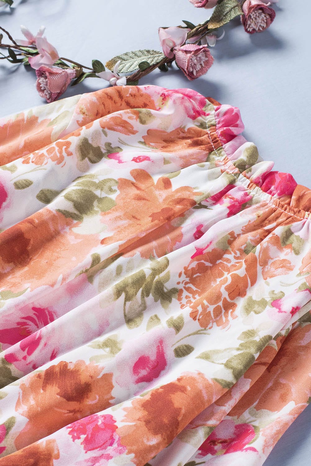 Floral Print V Neck Long Sleeve Smocked Waist Mini Dress