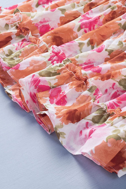 Floral Print V Neck Long Sleeve Smocked Waist Mini Dress