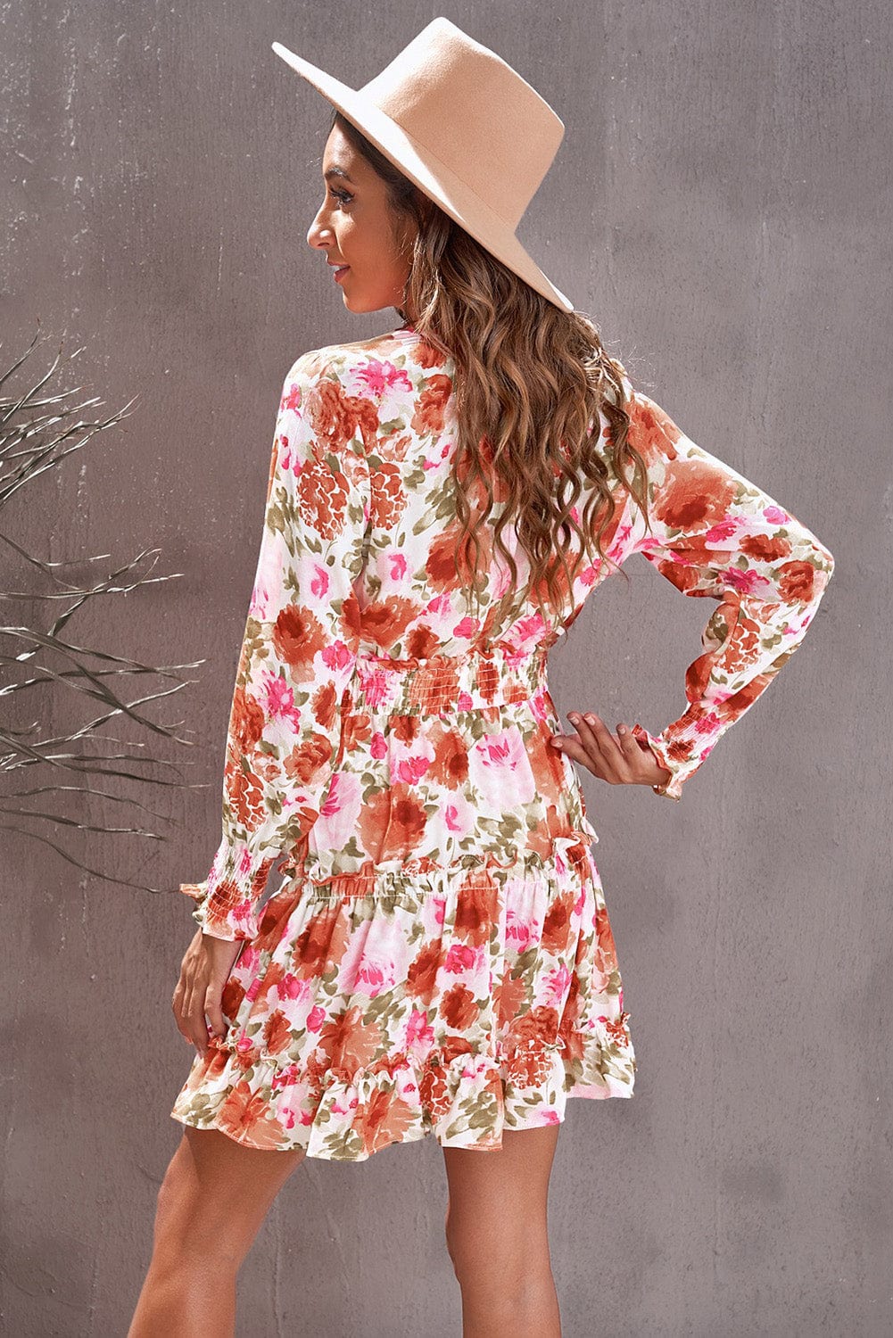 Floral Print V Neck Long Sleeve Smocked Waist Mini Dress